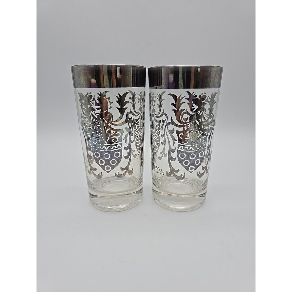 Vintage Kimico Silver Lustre Knights Crest Coat of Arms 5.5" Collins Glass Pair